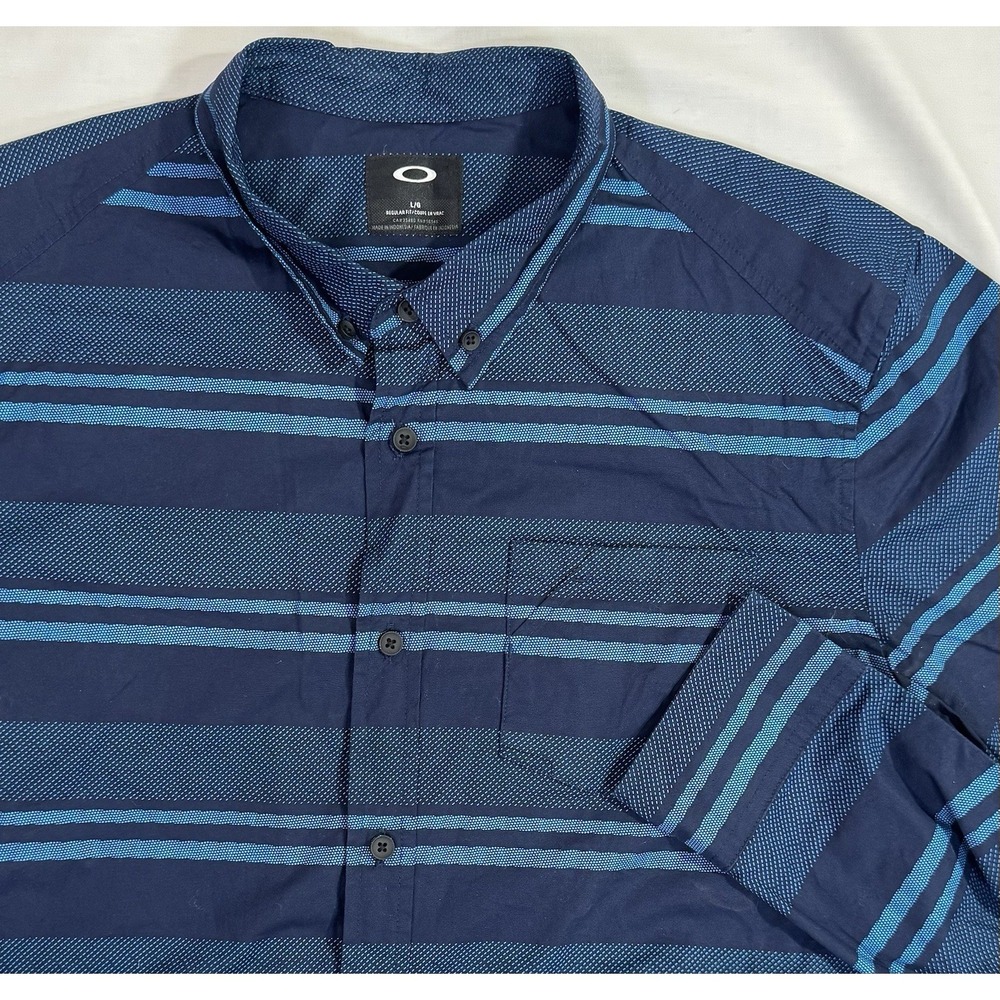 Oakley Mens Sz L Navy Teal‎ Striped Button Down Shirt Stretch Cotton Long Sleeve